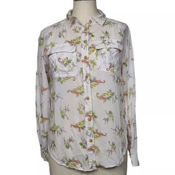 Anthropologie- Maeve Blouse White Jungle Monkey 🐒 Tiger 🐅 Print Shirt Size 4 - Picture 3 of 8